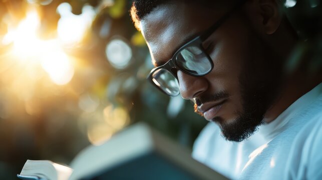 An individual is immersed in reading a book outdoors, with the warm sunlight filtering through the surrounding greenery, creating an idyllic and tranquil scene of relaxation and knowledge.
