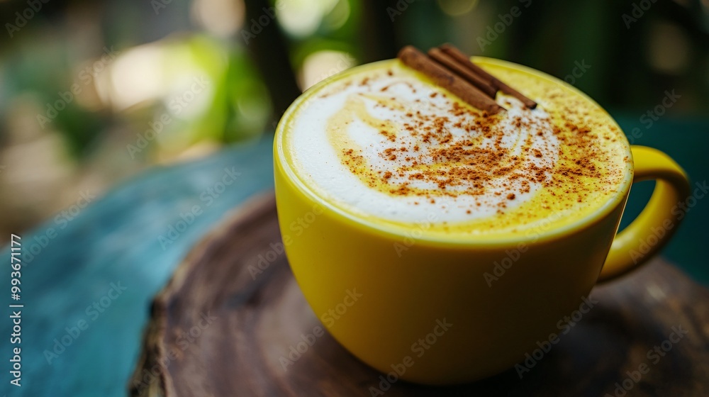 Poster Yellow mug with a creamy golden drink, sprinkled with cinnamon and garnished with two cinnamon sticks.