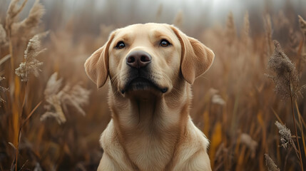 Golden Retriever Dog Portrait in Field of Brown Grass Photo