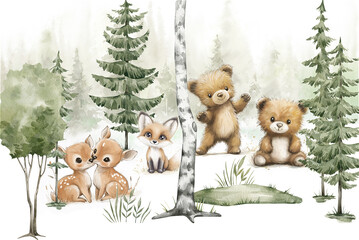 Cute animals in the forest. Illustration for wallpaper, decoration, poster. 