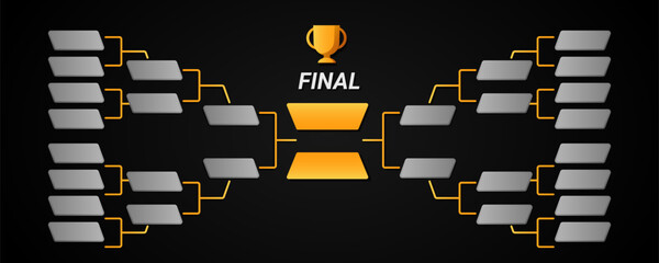 Tournament chart structure with golden cup and gray squares. Sport leadership bracket. Versus frame for competition.