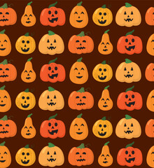 Seamless pattern with halloween pumpkins with carved faces. Colorful autumn background