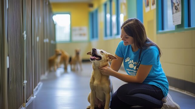 At the shelter, a volunteer in a blue shirt lovingly interacts with a playful dog, brightening the space.