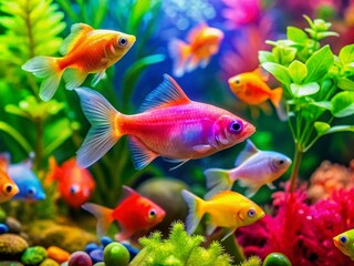 Fototapeta premium Vibrant Glofish Swimming in a Colorful Aquarium Surrounded by Lush Green Plants and Decorations
