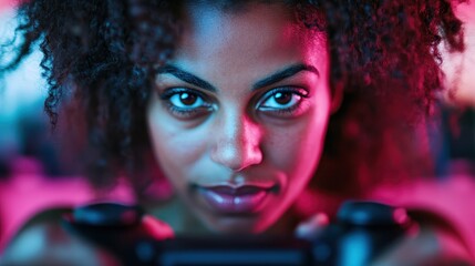 A young woman grips her controller with determination, bathed in vibrant neon lights, fully immersed in the gaming world, showcasing her focused energy and passion.