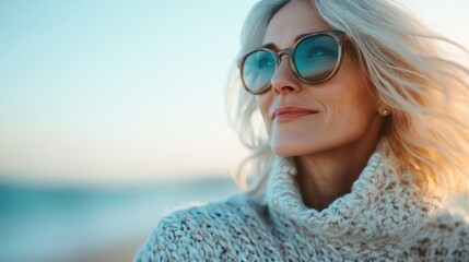 An elderly woman stands confidently by the seaside with serene poise, wearing fashionable sunglasses and a chic knitted sweater, as the golden hues of sunset envelop her.