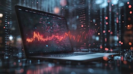 Laptop Computer with Sound Waves and Data Visualizations. AI generated illustration