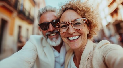 A self-portrait of a cheerful couple in sunglasses, embracing joyfully. Their lively expressions and casual outfits capture a carefree moment amidst an urban setting.