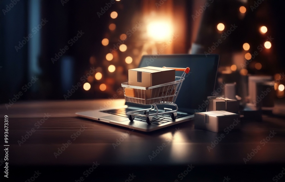 Poster a cardboard box sits in a miniature shopping cart on a laptop keyboard. there are blurred lights in 