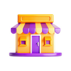 This image features a vibrant 3D render of a cute shop with orange and purple colors and a striped canopy, ideal for a playful design.