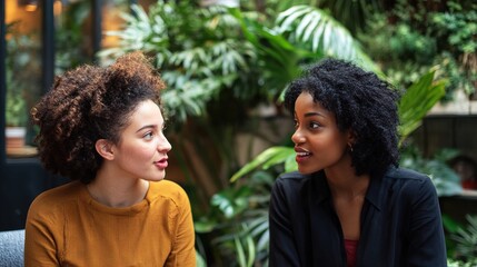 Obraz premium Two women engage in a lively conversation amidst lush greenery, showcasing friendship and connection in a vibrant, natural setting.
