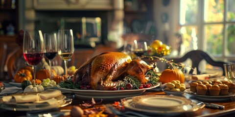 Traditional festive dinner with roasted turkey