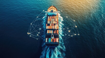 Container ship at sea with digital network links, digital trade network connection concept, global shipping industry 