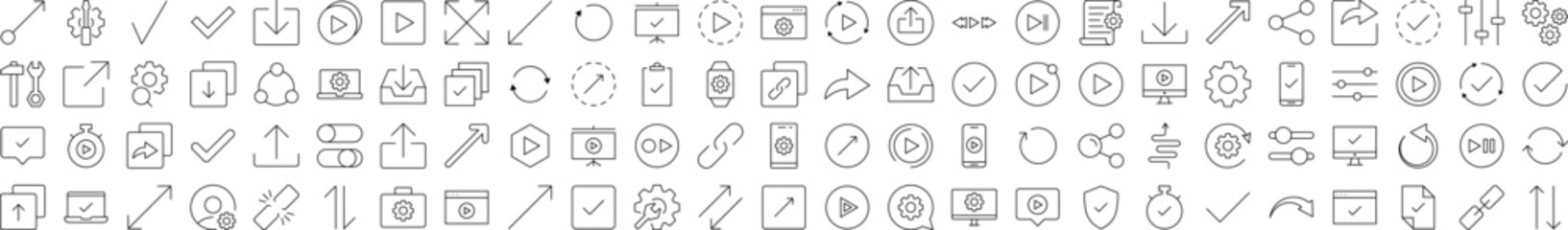 Arrows, Share, Check, Turn, Download, Settings Bundle of Thin Icons. Editable Stroke. Suitable for Web Sites, Books, Cards, Apps