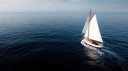 Obraz premium An elegant sailing boat glides over calm ocean waters under a clear sky, showcasing the beauty of maritime life and the tranquility of an unobstructed horizon.
