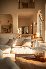 Cozy living room bathed in warm sunlight, showcasing soft furnishings and a tranquil atmosphere in a modern home