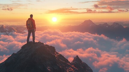 Man Standing on Mountain Top at Sunrise, Feeling Success. AI generated illustration