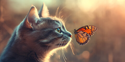 Obraz premium Gray Cat Observing a Butterfly at Sunset