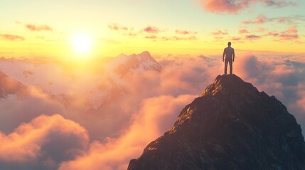 Man Standing on Mountain Top at Sunrise, Feeling Success. AI generated illustration