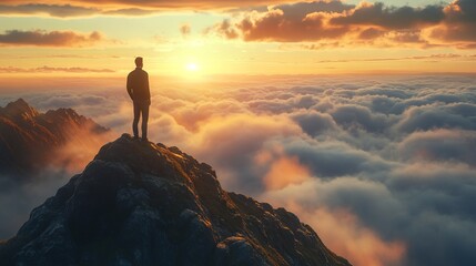 Man Standing on Mountain Top at Sunrise, Feeling Success. AI generated illustration