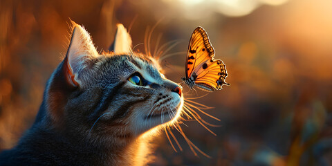 Obraz premium Gray Cat Observing a Butterfly at Sunset