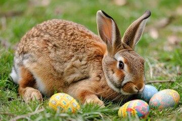 Fototapeta premium Bunny sitting outdoor on green grass with colorful Easter eggs
