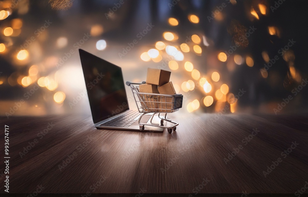 Poster a laptop on a wooden table with a miniature shopping cart filled with cardboard boxes. the backgroun