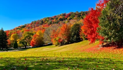 Naklejka premium Vibrant autumn trees on sunny day with scenic hill background, perfect for seasonal landscape