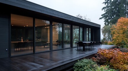A sleek, contemporary home featuring extensive glass windows and a spacious wooden deck, amidst a lush, colorful garden and overcast sky, radiating sophistication.