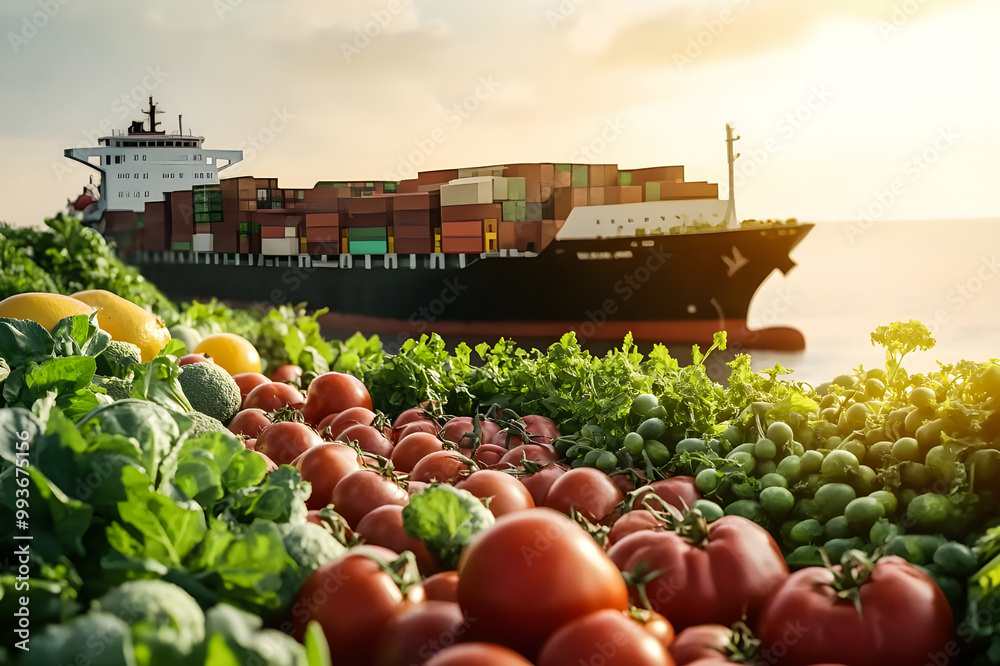 Wall mural global fresh food produce and cargo ship symbolize global food distribution and international trade