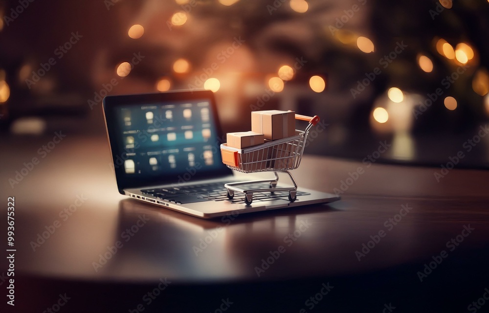 Poster a miniature shopping cart filled with cardboard boxes sits on a laptop keyboard.