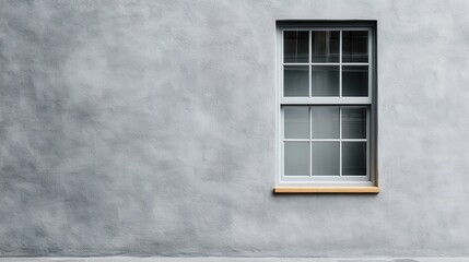 A lone window with white framing sits on a plain gray wall, representing simplicity and minimalism in architectural design, with no additional features or adornments.
