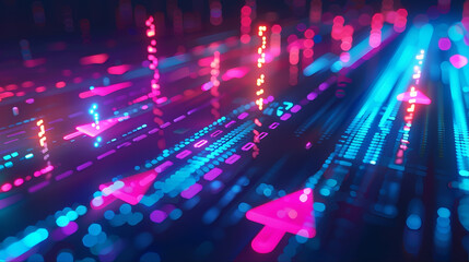 Digital technology binary code arrow growth grid neon trails motion concept 