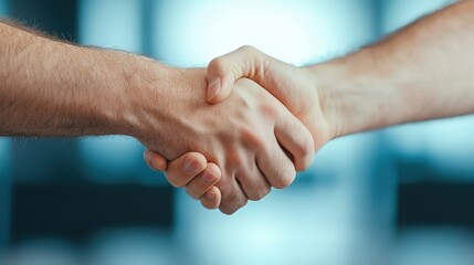 A close-up view of a handshake between two individuals, symbolizing partnership and trust in a professional environment, representing successful collaboration.