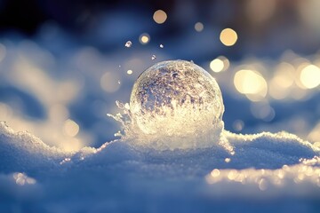 Frozen Water Droplet in Sunlight on a Snow Covered Surface