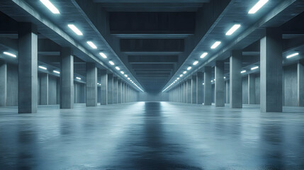 Concrete Corridor with Fluorescents 3D Illustration