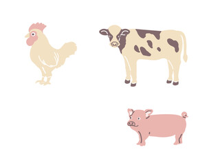 鶏と牛と豚のイラスト（カラー）