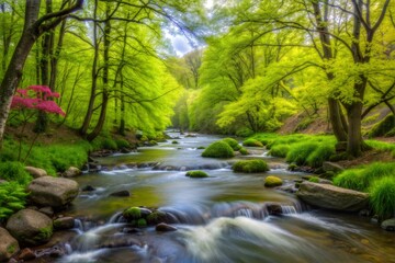 Tranquil river flowing through lush green forest landscape