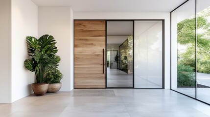 Obraz premium Spacious and modern foyer featuring a wooden door, glass panels, and potted plants, showcasing minimalist and contemporary interior design with natural light.