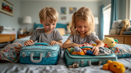 Two cute little children, boy and girl, sitting on the bed and packing their travel suitcases