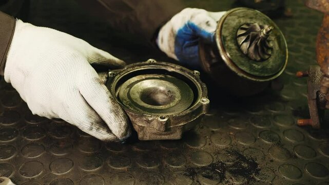 Car mechanic in white gloves disassembles inside the car engine part turbine  filled with rust and carbon deposits