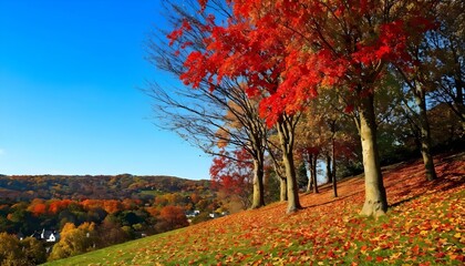 Fototapeta premium Vibrant autumn trees with red and orange leaves against blue sky, perfect for fall-themed posters