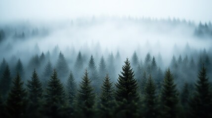 An image of a misty forest with tall pine trees and thick layers of fog that create a mystical, serene, and calming ambiance perfect for nature and outdoor enthusiasts.