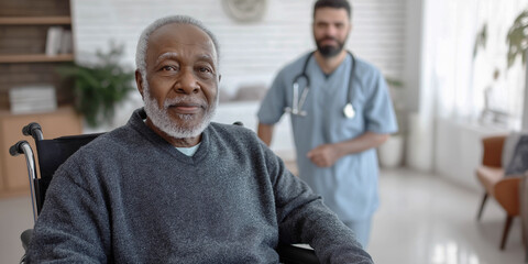 Obraz premium An elderly African-American man sits in a wheelchair with a nurse standing behind him. Disabled care concept. Advertising banner.