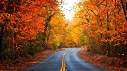 Fototapeta premium Curved road in autumn forest, vibrant orange and yellow foliage, nature journey, travel inspiration