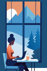 Girl work in the office. Woman in profile sit in d room. Night. Vector Flat Illustration
