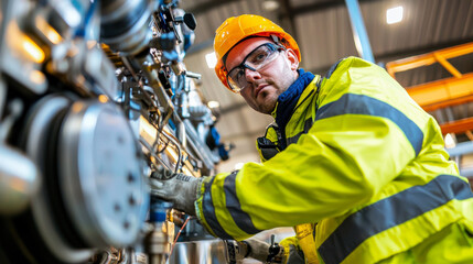 maintenance engineer in bright yellow safety jacket and helmet works diligently on machinery, showcasing focus and professionalism in industrial setting