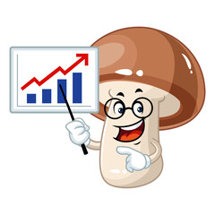 Smiling mushroom mascot pointing at growth chart for financial, business, and success concept.