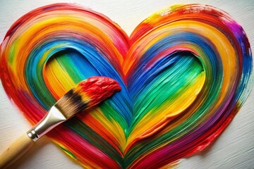 Obraz premium Vibrant Heart-Shaped Brush Stroke Creating Colorful Artistic Patterns on a Blank Canvas Background