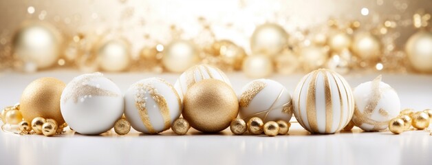 White and gold colored luxury elegantly sweets at Christmas with cozy blur background, banner	